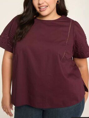 Lane Bryant Embroidered Flutter-Sleeve Popover Blouse Plus Sz 24 Winetasting